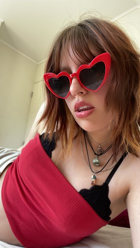 red heart shaped sunglasses Red Heart Sunglasses Outfit, Heart Shaped Sunglasses Outfit, Heart Sunglasses Aesthetic, Red Heart Shaped Sunglasses, Red Heart Sunglasses, Rey Aesthetic, Sunglasses Outfit, Heart Glasses, Shaped Sunglasses