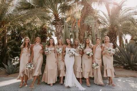 Champagne And Taupe Wedding Colors, Beach Destination Wedding Bridesmaid, Champagne Bridesmaid Dresses Beach Wedding, Dune Color Bridesmaid Dresses, Beach Wedding Bridesmaid And Groomsmen, Champagne Bridesmaid Dresses Beach, Cabo Wedding Color Scheme, Sand Bridesmaids Dresses, Beach Wedding Champagne Color