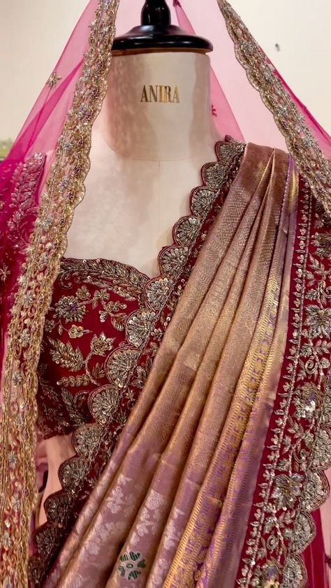 Breathtaking Bridal saree makeover! 😍 Exquisitely hand crafted with elegance and love! Get us your saree & we will turn it out a… | Instagram Bridal Blouse Designs With Border, Designer Sarees Bridal, Work Sarees For Wedding, Wedding Saree Designs Bridal Collection, Bridal Designer Saree, Bridal Saree For Dusky Skin Tone, Saree Borders Designs, Bridesmaid In Saree, Bridal Blouses Designs