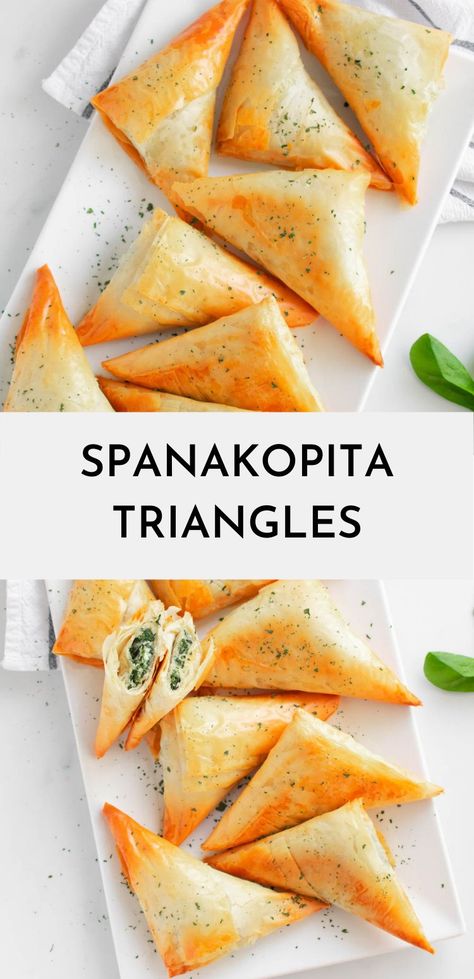 Easy Spanakopita, Spanakopita Triangles, Greek Spanakopita, Spanakopita Recipe, Phyllo Dough Recipes, Phyllo Recipes, Vegetarian Appetizer, Fried Spinach, Cheese Baked