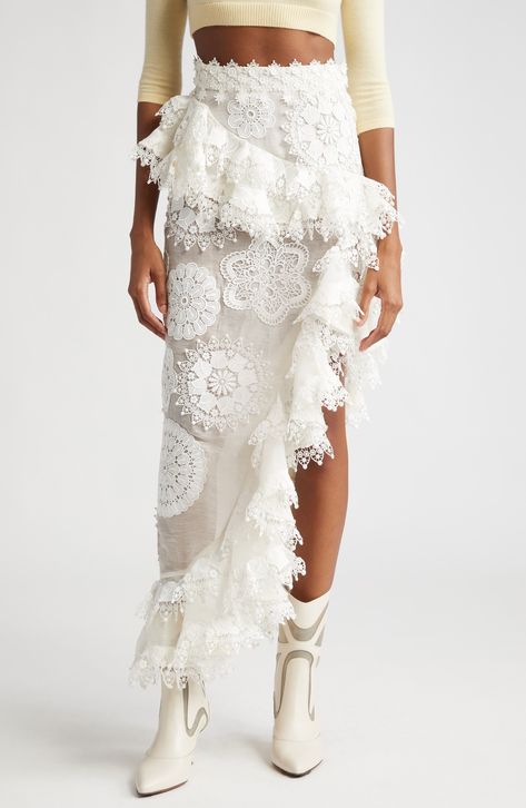 Zimmermann Matchmaker Doily Asymmetric Linen & Silk Skirt available at #Nordstrom Outfit Bautizo, Maxi Lace Skirt, Organza Skirt, Spring Summer Trends, Lace Doilies, Silk Organza, Asymmetrical Design, Silk Skirt, Looks Style