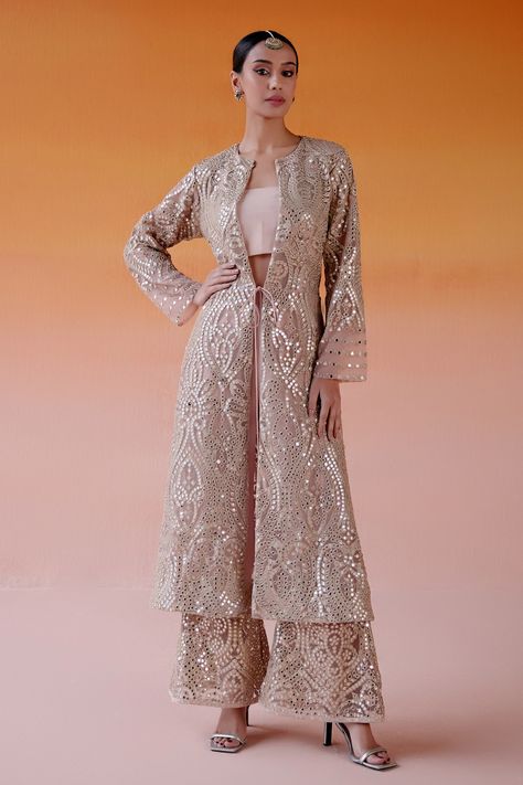 Shop for these amazing collections of Pink Net Embroidered Mirror Plunged Notched Long Jacket For Women by Twenty Nine online at Aza Fashions. Long Jacket Outfit, Long Jacket For Women, Long Jacket Women, Dotti Dresses, Net Jacket, Intricate Mirror, Mirror Work Embroidery, Light Suit, Long Jackets For Women