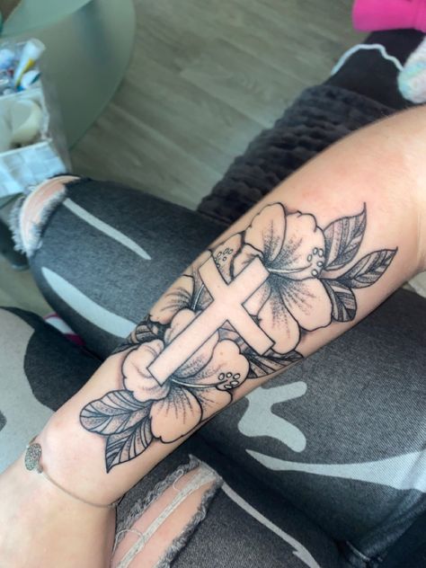 Tattoo Ideas Cross With Flowers, Cross Arm Tattoos For Women, Flower Tattoos With Cross, Flowers With Cross Tattoo, Women Leg Tattoos Calf, Cross Flowers Tattoo, Phillipians 4:6-7 Tattoo, Cross With Flowers Tattoo For Women, Cross Sleeve Tattoo