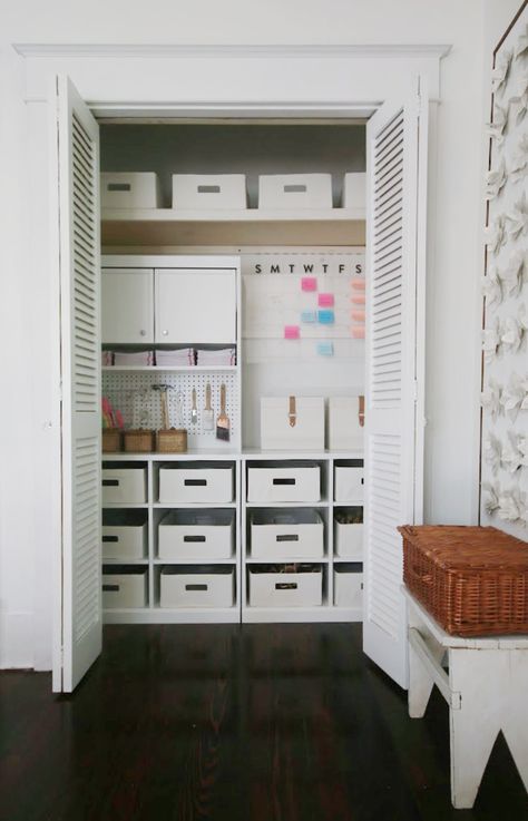 Closet Office Organization, Office Craft Room Combo, Craft Room Closet, Craft Closet Organization, Home Office Closet, Office Closet, Organized Closet, Closet Office, Dream Craft Room