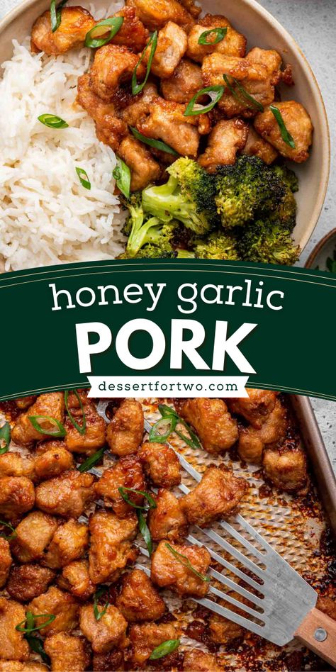 Here's an easy dinner idea for the family! This Honey Garlic Pork is perfectly sweet and savory. This pork tenderloin recipe is baked with a sticky sweet sauce. Add this recipe to your simple weeknight dinner ideas! Pork Cutlet Recipes Easy Healthy, Honey Garlic Pork Bowl, Pork Honey Garlic, Honey Garlic Pork Rice Bowl, Honey Pork Tenderloin Recipes, Quick Pork Loin Recipes Easy Dinners, Easy Dinner Recipes For Family Pork, Pork With Rice Recipes, Quick And Easy Pork Tenderloin Recipes