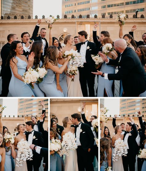 Wedding Party celebrating with Bride and groom at downtown dallas rooftop wedding venue Blue Tux Bridal Party, Bridal Party Photos Blue Dresses, Powder Blue And Black Wedding, Dusty Blue And Black Wedding Party, Sky Blue And Black Wedding, Classic Wedding Party Attire, Steel Blue Bridal Party, Classy Wedding Party Attire, Light Blue Wedding Party Attire