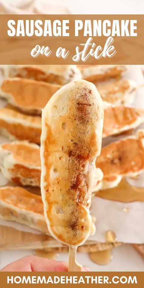 Sausage Pancake on a Stick Handheld Breakfast, Battered Sausage, Pancake Syrup Recipe, Sausage On A Stick, Pancakes On A Stick, Pancake Sausage, Pancake Roll, Breakfast Sausage Links, Freeze Pancakes