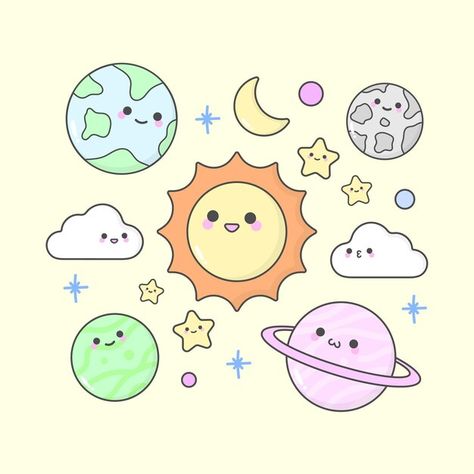 Cute Planets Drawing, Sun And Moon Drawing Easy, Cute Planet Drawings, Cute Space Drawings, How To Draw A Moon, Cute Space Doodles, Cute Moon Drawing, Sun And Moon Doodle, Western Pfp