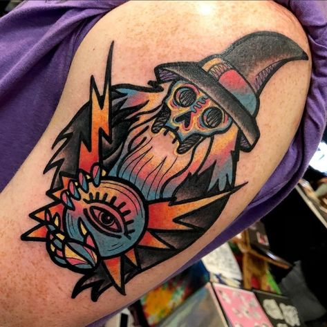 Cool Neo Traditional Tattoos, American Traditional Bigfoot Tattoo, Traditional Wizard Tattoo, Traditional Color Tattoo, Wizard Tattoo, Backpiece Tattoo, Traditional Tattoo Inspiration, American Traditional Tattoo Ideas, Traditional Tattoo Ideas