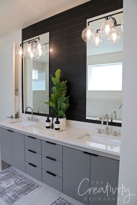 Black tiled bathroom accent wall #ModernMasterBathAccentWall Black Tiled Bathroom, Black Tile Bathrooms, 2024 Bathroom, Tiled Bathroom, Black Accent Walls, Bathroom Accent Wall, Laundry Room Flooring, Bathroom Accents, Black Dining Room