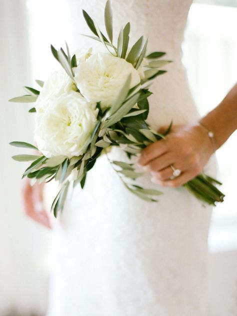 small bouquet with garden roses Small Wedding Bouquets, Simple Wedding Bouquets, Greenery Wedding Bouquet, Olive Leaves, Beach Wedding Flowers, Rose Wedding Bouquet, White Wedding Bouquets, Succulent Wedding, Small Bouquet