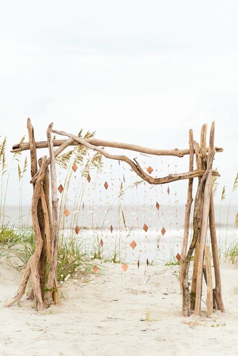 Driftwood beach wedding ceremony arch with geometric garlands Beach Wedding Ceremony Arch, Hilton Head Island Wedding, Driftwood Wedding, Beach Wedding Arch, Diy Beach Wedding, Deco Champetre, Beach Wedding Reception, Wedding Ceremony Arch, Boho Beach Wedding