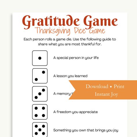 "*An instant printable download. No physical product will be mailed to you. Let the fun begin! Are you planning your Thanksgiving gathering, a small group, fall party, tea party, or other event? Instantly print this gratitude dice game for your upcoming celebration. Studies show that gratitude actually changes your brain, improving your physical and psychological health. This game is perfect for family game night, Sunday School, holiday parties, and Thanksgiving/Friendsgiving Day. You will receive: 1 pdf full size game (8.5x11) File is in pdf format designed to print on 8.5\"x11\" paper or cardstock. How to Download: Purchase the listing. After your payment is confirmed, check your email or go to your purchases here: https://www.etsy.com/your/purchases Download your files from a laptop or Thanksgiving Dice Game, Fall Icebreaker Games, Gratitude Dice Game, Thanksgiving Ice Breakers, Thanksgiving Activities For Adults, Working Thanksgiving, Gratitude Game, Friendsgiving Games, Friendsgiving Dinner Party