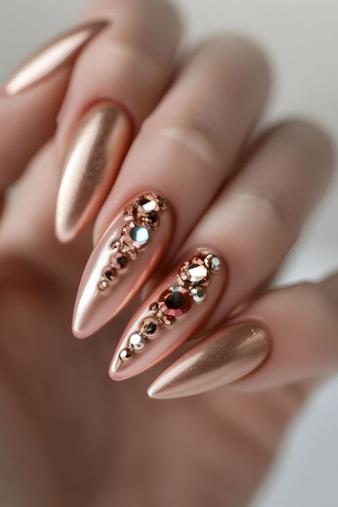 Shine bright with rose gold chrome nails and crystal rhinestones. Follow us for more stunning nail art ideas. Visit our blog on the bride’s ultimate guide to perfect wedding nails. Elegant Touch Nails | Simple Summer Nails | Trendy Nails | Nails Design Summer | Nails Elegant Classy | Nails Inspo 2024 | Wedding Day Nails | Nails 2024 Summer | Minimalist Nails | Elegant Nails | Nails Summer 2024 | Nails With Charms | Nails Easy | White Nails | Nails Design With Rhinestones Rose Gold Chrome Nails, Gold Chrome Nails, Elegant Touch Nails, Wedding Day Nails, Rainbow Nails Design, Rose Gold Chrome, Chrome Nails Designs, Nails Design With Rhinestones, Rose Gold Nails