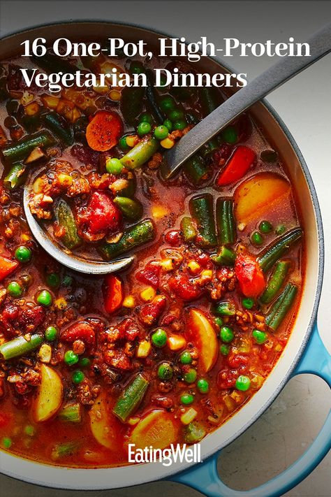 Easy Vegetarian One Pot Meals, Complete Protein Vegetarian Recipes, High Protein Vegetarian Stew, Healthy Vegetable Heavy Dinners, Easy Vegan Supper Ideas, High Protein Vegetarian Enchiladas, Vegetable One Pot Meals, Spinach Dinner Recipes Vegetarian, High Protein Vegetarian Soup Recipes