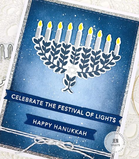 TE - Hanukkah Release - Deconstructing Jen Hanukkah Cards Handmade, Hanukkah Cards, Blue Corn, Taylored Expressions, Festival Of Lights, Embossing Powder, Happy Hanukkah, Lemon Meringue, Glitter Cardstock