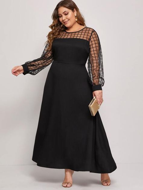 Plus Geo Mesh Shoulder Fit and Flare Dress | SHEIN USA Simple Black Dress Plus Size, Black Mother Of The Bride Dress, Dress For Big Size Woman, Plus Size A Line Dress, Plus Size Work Dresses, Big Size Dress, Maxi Long Dress, Weekend Dresses, Mob Dresses