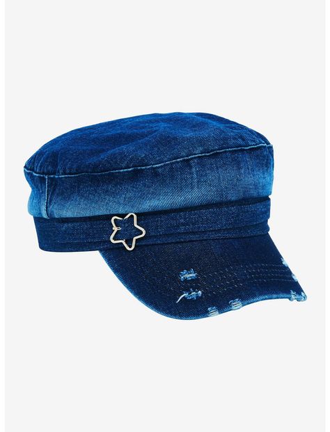 Blue Denim Star Buckle Cadet Hat | Hot Topic Blue Accessories Aesthetic, Brando Hat, Muffin Costume, Blue Objects, Y2k Hats, Space Accessories, Teal Hat, Trendy Hats, Star Hat