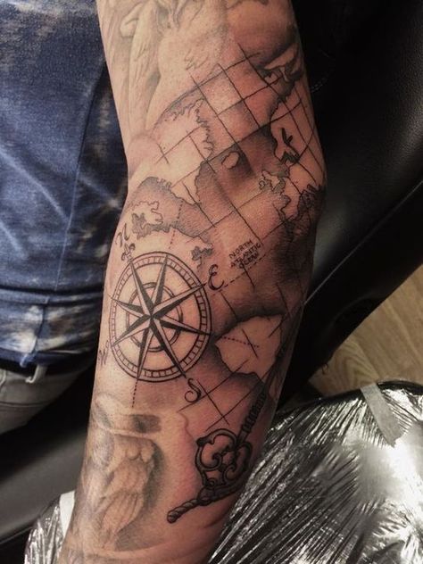 Check out our website for more Tattoo Ideas 👉 positivefox.com #shouldertattoos #forearmtattoos #compasstattoo Nautical Tattoo Sleeve, Sun Tattoo Designs, Anker Tattoo, Pirate Tattoo, Compass Tattoo Design, Map Tattoos, Tato Lengan, Nautical Tattoo, Inspiration Tattoos