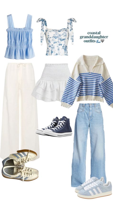 coastal granddaughter beach summer coast west coast east coast pacific sambas converse adidas campus tank tops tanking boatneck sweater v neck baggy jeans linen pants skirt white blue aesthetic Blue Top Outfit, Coastal Granddaughter Outfits, Outfits Baggy, Coastal Granddaughter, Pants Skirt, Adidas Campus, Blue Beach, Boatneck Sweater, Skirt White