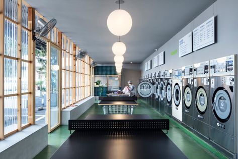 Take a look Inside Laundry Holiday/Yoshio Ice Cream | Hypebeast Coin Laundromat, Laundromat Business, Laundry Business, Commercial Laundry, Laundry Shop, Laundry Mat, Concrete Bench, Wash N Go, Split Level House