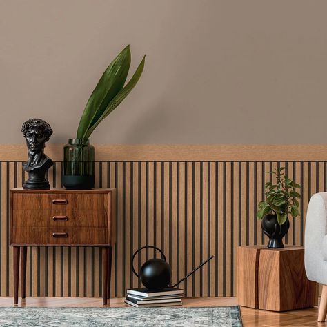 Discover endless ways to create ontrend looks with this innovative dado panel. To create the appearance of natural wood panelling this wallpaper is hung on the lower part of the wall and measures 1.6m height replicating a real panelled finish. Supplied in 5m rolls which can be joined seamlessly around the room. Small Room Wood Panelling, Wood Panelling Hallway, Office With Wood Paneling, Bedroom Wood Panelling, Dining Wall Panelling, Office Panelling Design, Wooden Wall Panelling Design Living Room, Wall Wooden Panelling, Hallway Wood Panelling