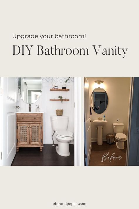 Get rid of that pedestal sink and replace it with a DIY bathroom vanity that offers some storage as well! Check out the tutorial to build beautiful cane bathroom vanity for yourself! How To Replace Bathroom Sink, Add Vanity To Pedestal Sink, Vanity Built Around Pedestal Sink, How To Build Your Own Bathroom Vanity, Upgrade Pedestal Sink, Build Around Pedestal Sink, Pedestal Sink Replacement, How To Build A Vanity Around A Pedestal Sink, Replacing Pedestal Sink With Vanity