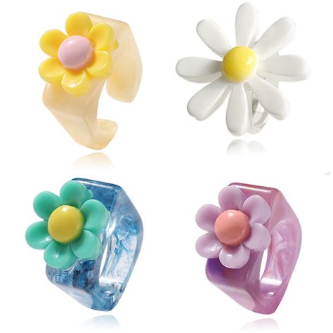 PRICES MAY VARY. 【Daisy Rings】----The daisy ring is exquisitely crafted, Made of acrylic material, the weight is very light and will not fade. The colorful Resin workmanship is extraordinarily cute and delicate.It can also be used as a BFF ring or friendship ring. 【Y2K Style Resin Acrylic Ring】---- You will receive 4pcs resin acrylic rings. Different colors and unique styles can give you different wonderful feeling. You Can Wear Them Individually, used as a stacking ring Or Any Way You Like. Rin Daisy Rings, Colorful Y2k, Ring Y2k, Bff Rings, Acrylic Rings, Y2k Rings, Rings Cute, Beach Rings, Heart Resin