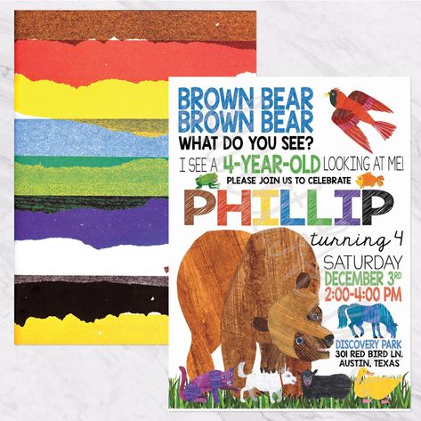 Brown Bear Brown Bear Birthday Invitation | Etsy Brown Bear Brown Bear Birthday Party, Brown Bear Birthday Party, Brown Bear Birthday, Brown Bear Brown Bear Birthday, Birthday Invitation Message, Book Birthday Parties, Brown Bear Brown Bear, First Birthday Favors, Bear Birthday Party