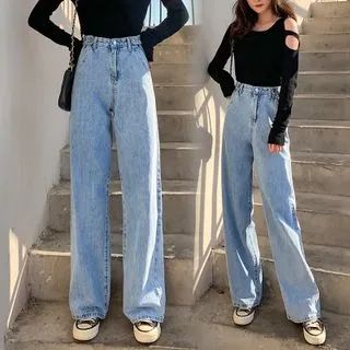 Buy Denimot High-Waist Straight Leg Jeans at YesStyle.com! Quality products at remarkable prices. FREE Worldwide Shipping available! Light Blue Jeans Outfit, Women Wide Leg Pants, Straight Jeans Outfit, Straight Leg Jeans Outfits, Mode Hijabi, Look Jean, Blue Jean Outfits, Jeans Woman, Womens Fashion Jeans