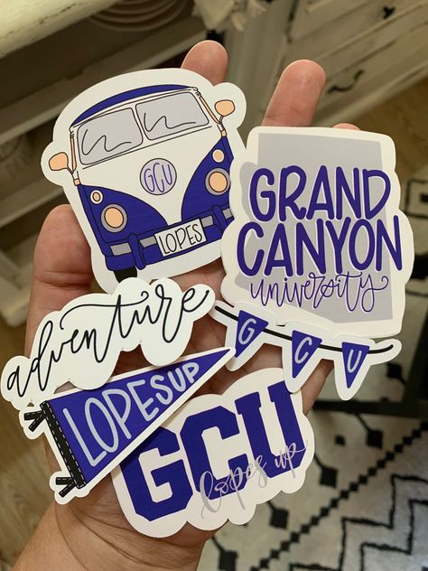 College Sticker Ideas, Pennet Banner, Gcu Graduation, College Banner, Alumni Gifts, Graduation Scrapbook, Grand Canyon University, Swag Ideas, College Stickers