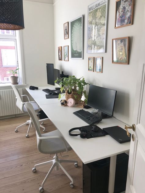 His And Hers Office Small, Couple Shared Office, Husband And Wife Shared Home Office, Home Office For Two Inspiration, Two Desks In Living Room, His And Her Desk Shared Office, Duo Office Work Spaces, Shared Small Office, Office Room Ideas Home For Two