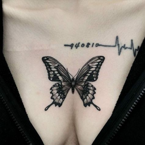 Throat Tattoo Butterfly, Black Swallowtail Butterfly Tattoo, Grunge Butterfly Tattoo, Blackwork Butterfly Tattoo, Swallowtail Tattoo, Edgy Butterfly Tattoo, Creative Butterfly Tattoo, Black And Grey Butterfly Tattoo, Butterfly Tattoo Black And White