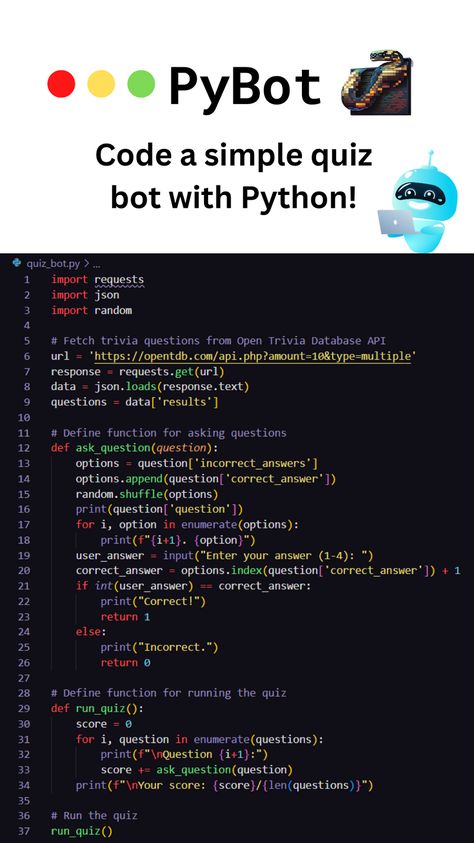 Code a simple quiz bot in Python which takes questions from the open source Trivia Database so you never run out of questions! Fun Python Codes, Simple Python Code, Pygame Code, Python Coding Projects, Python Programming Coding, Code Motivation, Python Ideas, Gcse Computer Science, Code Python