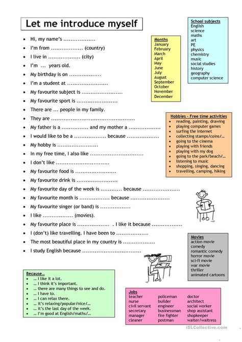 Let me introduce myself - English ESL Worksheets for distance learning and physical classrooms Introducing Yourself, Materi Bahasa Inggris, Let Me Introduce Myself, French Worksheets, Core French, Mind Maps, Speaking Activities, French Classroom, Introduce Myself