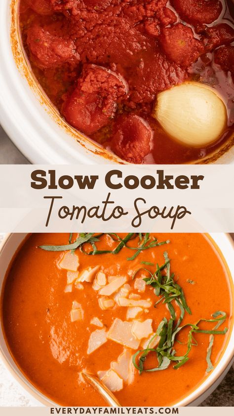 This Slow Cooker Tomato Soup is a simple yet delicious recipe that is perfect for a comforting and nostalgic meal. It cooks all day in the crockpot (filling your home with the most amazing aroma), resulting in a creamy, robust, and well-rounded tomato soup everyone in the family will love. Crockpot Soup Tomato, Tomato Soup Slow Cooker Crockpot, Tomato Soup Crock Pot Fresh Tomatoes, Crockpot Cherry Tomato Soup, Crockpot Tomato Soup Recipes, Tomato Soup Crockpot Recipes, Tomato Soup In Crockpot, Crockpot Tomato Soup With Fresh Tomatoes, Tomato Soup Crock Pot