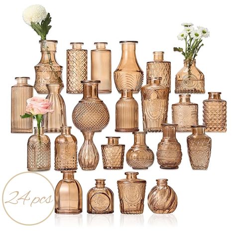 PRICES MAY VARY. 🌴 Premium 24-Piece Vase Set - Crafted from thick, durable glass, the Timeless Bud Flower Vase Set ensures durability and resistance to breakage. The vintage colors and intricate patterns create a stunning and attractive visual impact. Each exquisite glass vase needs the gentle touch of handwashing (not dishwasher-safe). 🌱 Elevate Special Events - Explore creative potential with these glass bud vases. Showcase a beautiful flower arrangement in a small vase or a tall vase. Our v Simple Mason Jar Centerpieces Party, Gold Eucalyptus Vase, Long Vase With Dried Flowers, Dining Table Vase Flowers Farmouse Gold, Birch Wood Vase Centerpiece, Boho Vases Michaels Stores, Boho Dining Table Centerpiece Bohemian, Boho Table Theme, Dinning Room Table Center Piece Bohemian