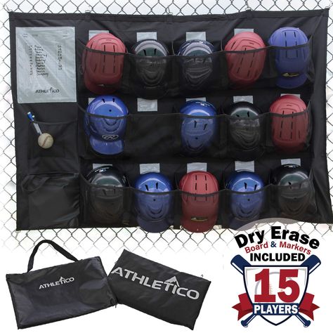 PRICES MAY VARY. 600D Polyester DUGOUT ORGANIZATION FOR UP TO 15 PLAYERS - 15 XL deep pockets to organizer your team's equipment, including baseball / softball / teeball helmets and catching mitts or gloves BUILT-IN DRY ERASE LINEUP CARD - Lineup card with 2 dry erase markers included. Post your lineup card for the whole team to see. Separate name tags over each slot allow for easy organization of game day gear. EASILY HANGS ON MOST DUGOUT FENCES - Features 7 metal fence hooks (5 upper & 2 lower Dugout Organization, Tee Ball Mom, Baseball Dugout, Lacrosse Stick, Softball Outfits, Helmet Bag, Baseball Helmet, Team Organization, Lacrosse Sticks