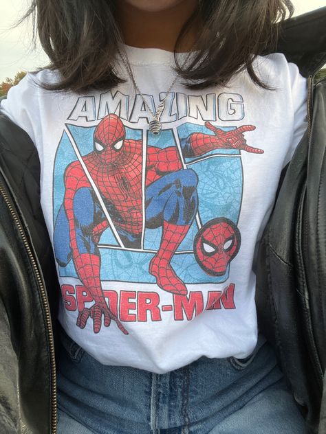 clothing, clothes, the amazing spiderman tshirt Spiderman Outfit Ideas, Spiderman Tshirt, Funny Spiderman, Spiderman Shirt, The Amazing Spiderman, Text Tshirt, Black Spiderman, Winter Inspo, Girl Braids