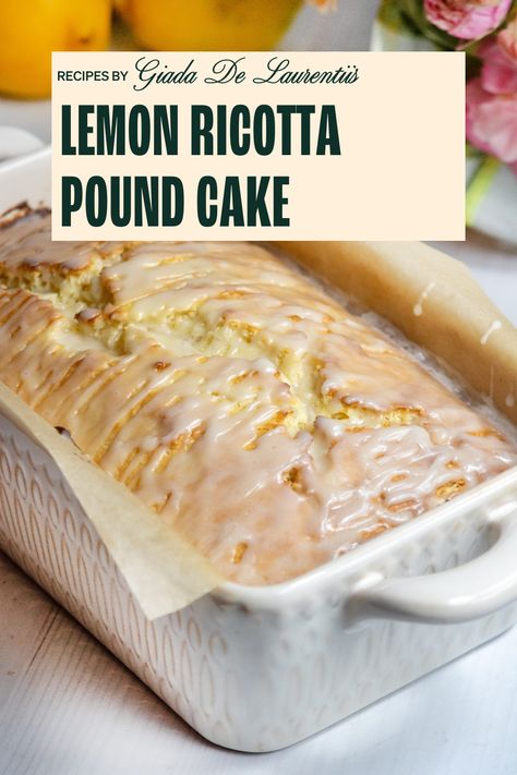 Lemon Ricotta is an especially lovely combination in this pound cake. The ricotta gives the cake a moist, tender crumb, and the lemon glaze on top ties it all together! Lemon Ricotta Pound Cake, Ricotta Pound Cake, Lemon Ricotta Cake, Giada Recipes, Ricotta Recipes, Lemon Dessert Recipes, Lemon Ricotta, Lemon Glaze, Lemon Desserts