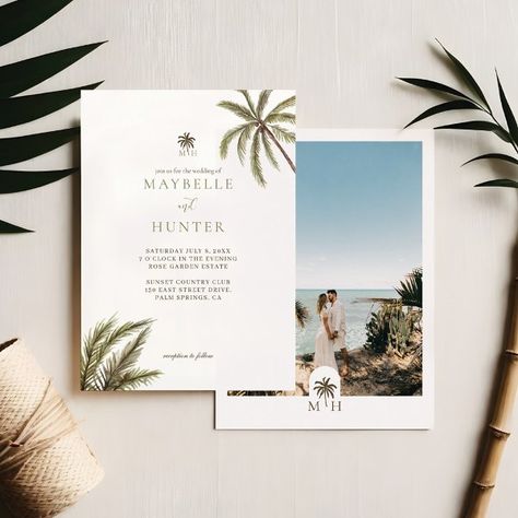 Tropical Watercolor Palm Trees Boho Wedding Photo Invitation Palm Tree Wedding Invitations, Palm Tree Wedding, Wedding Invitation Message, Popular Wedding Invitations, Wedding Announcement Cards, Tree Wedding Invitations, Tropical Beach Wedding, Tropical Watercolor, Black And White Wedding Invitations