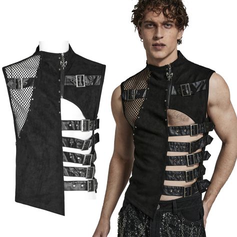 Bodysuit Men Fashion, Black Latex Outfit Male, Revealing Mens Clothing, Male Gothic Outfits, Punk Style Outfits Men, Rave Style Outfits, Punk Clothes Men, Gothic Outfits Men, Gothic Waistcoat