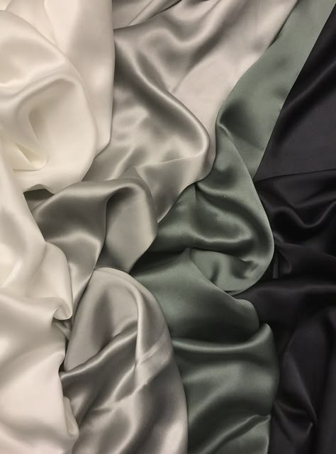 PREMIUM SILK high quality silk satin | gorgeous fabric for festive blouses and dresses This luxurious and lightweight silk satin is available in four charming colours: white, gray, moss green and black. This fabric has a smooth, luxurious hand and a soft fluid drape. The gorgeous silk is perfect for all kinds of festive dresses, tops and blouses. You can also use it for evening gowns and even wedding dresses! This fabric is designed and made in Europe.  + + + + + Get inspired and enjoy sewing wi Silk Mood Board, Fabrics Photography, Satin Aesthetic, Swatch Display, Silk Aesthetic, Valentine Fashion, Airmail Envelopes, Color Knowledge, Background Pics