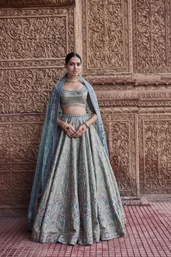 Tree Of Love by AnitaDongre - Anita Dongre Pictures | Bridal Wear in Delhi NCR - WedMeGood Anita Dongre Lehenga, Muted Turquoise, Saree Bollywood, Organza Lehenga, Lehnga Dress, Indian Bridal Lehenga, Anita Dongre, Green Lehenga, Blue Lehenga