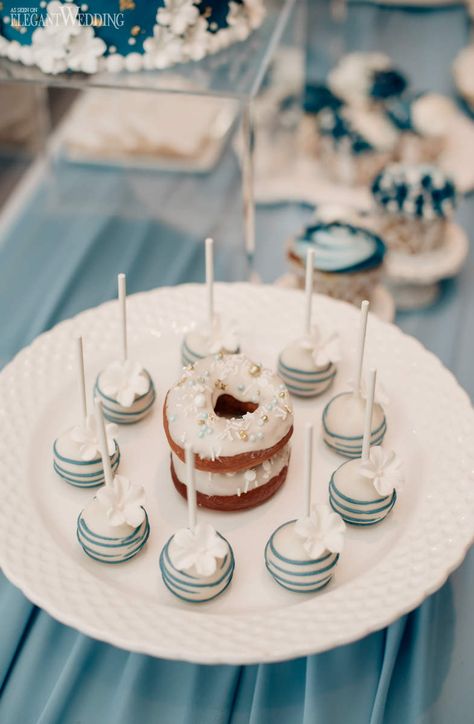 Wedding Doughnuts, Wedding Cake Pops, Dusty Blue Wedding Desserts | Dusty Blue Wedding Inspired by Cinderella | ElegantWedding.ca Blue Wedding Desserts, Dusty Blue Wedding Cake, Popsicle Ideas, Doughnuts Wedding, Doughnut Wedding Cake, Sweet Table Wedding, Blue Wedding Cake, Wedding Cake Pops, Black Wedding Cakes