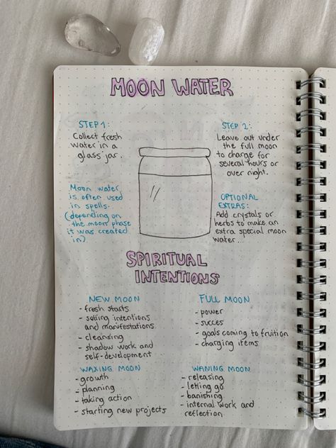 Moon Water Phases, How To Do Moon Water, Moon Phases Journal, Astrology Journal Aesthetic, Journal Ideas Spiritual, Spiritual Notes For Beginners, Spiritual Journal Pages, Spiritual Notes Journal, Moon Water Intentions