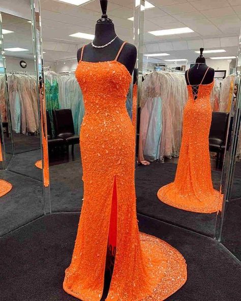 Orange Prom Dress, Orange Prom Dresses, Prom Dress With Slit, Sequin Prom Dress, Cute Prom Dresses, Pretty Prom Dresses, Custom Size Dresses, Hoco Dresses, Long Prom Dress