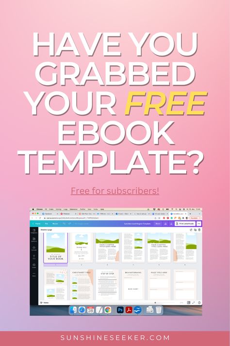 Ombre background going from light pink to purle, top to bottom. White text: Have you grabbed your free ebook template? Free for subscribers. Below title: screenshot of the 15-page lead magnet template inside Canva. Lead Magnet Template, More Instagram Followers, Business Model Canvas, Workbook Template, Get More Followers, Email Marketing Campaign, Ebook Template, Lead Magnet, Travel Blogging