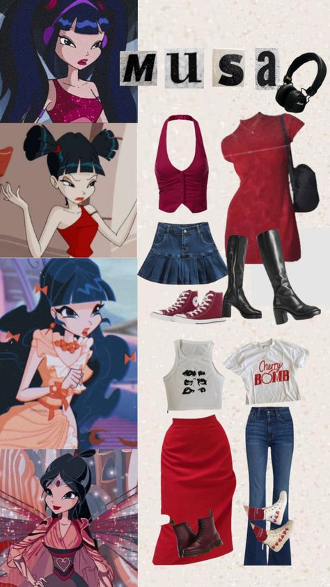 #musa #winx #winxclub #red #winxclubmusa #y2k #outfits #moodboard #myfirstshuffle Bratz Friends, Outfits Moodboard, Character Redesign, Winx Cosplay, Musa Winx, Les Winx, Bratz Inspired Outfits, Pretty Halloween, Cute Couple Halloween Costumes