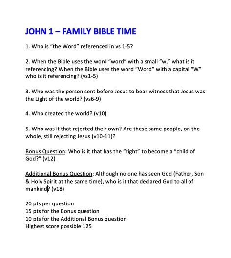 Tonight's Family Bible Time. Questions derived from St John's Gospel chapter 1. What's your score? John Chapter 1 Bible Study, John Chapter 1 Bible Study Notes, John Chapter 1 Bible Journaling, Bible Questions For Kids, Bible Study John, John Chapter 1, Girl Bible Study, Bible Trivia, Word Reference